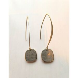 Gold Tone Hammered Square Drop Earrings Long Curved Wire Minimalist Dangle